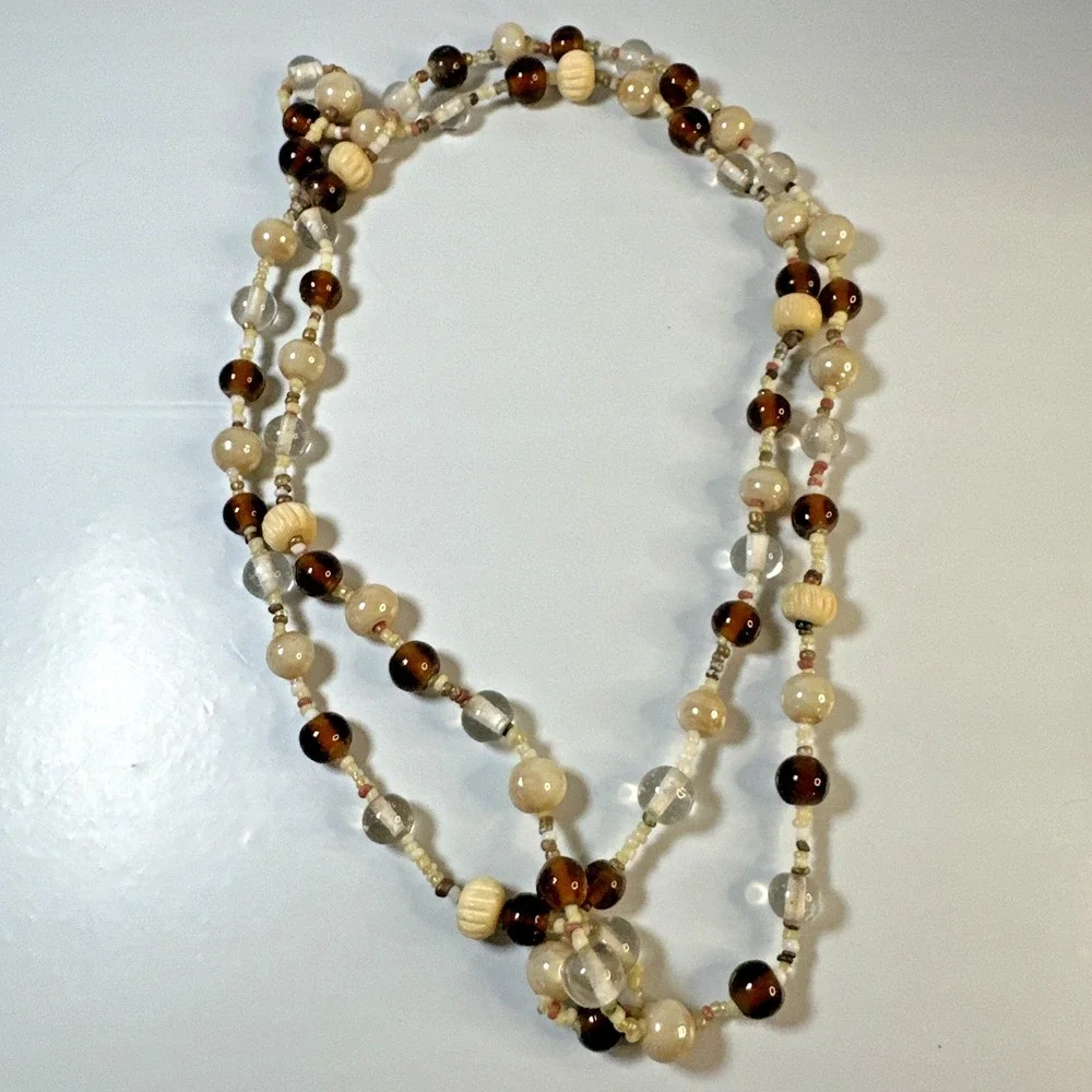 Vintage Boho Statement Necklace 42 Inch Over Head Carved Wood Bead Artisan